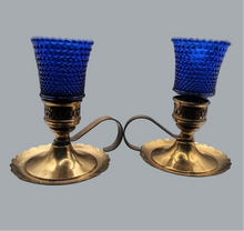Load image into Gallery viewer, Pair of Vintage Brass Candlestick Holders &amp; Blue Hobnail Glass Hurricane Shades
