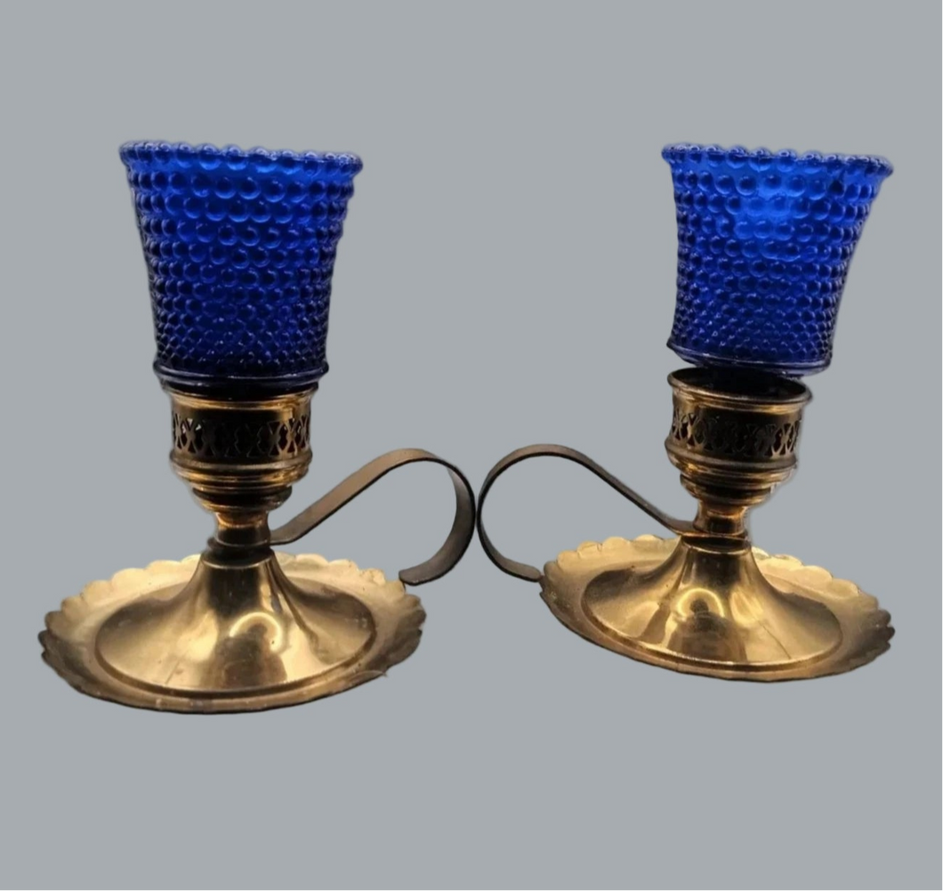 Pair of Vintage Brass Candlestick Holders & Blue Hobnail Glass Hurricane Shades