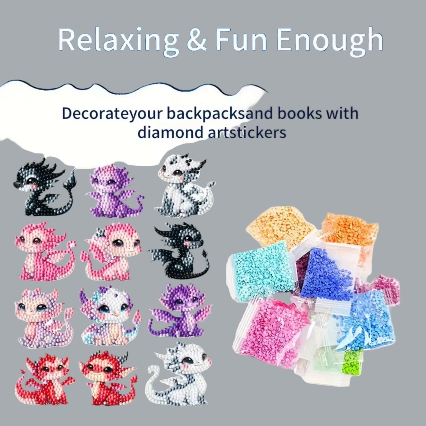 12pc 5D Diamond Painting Dragon Stickers Kit Round Beads DIY Craft