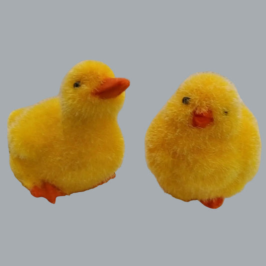 Pair 2.5" Flocked Yellow Easter Chicks Ducklings Vintage Style Décor