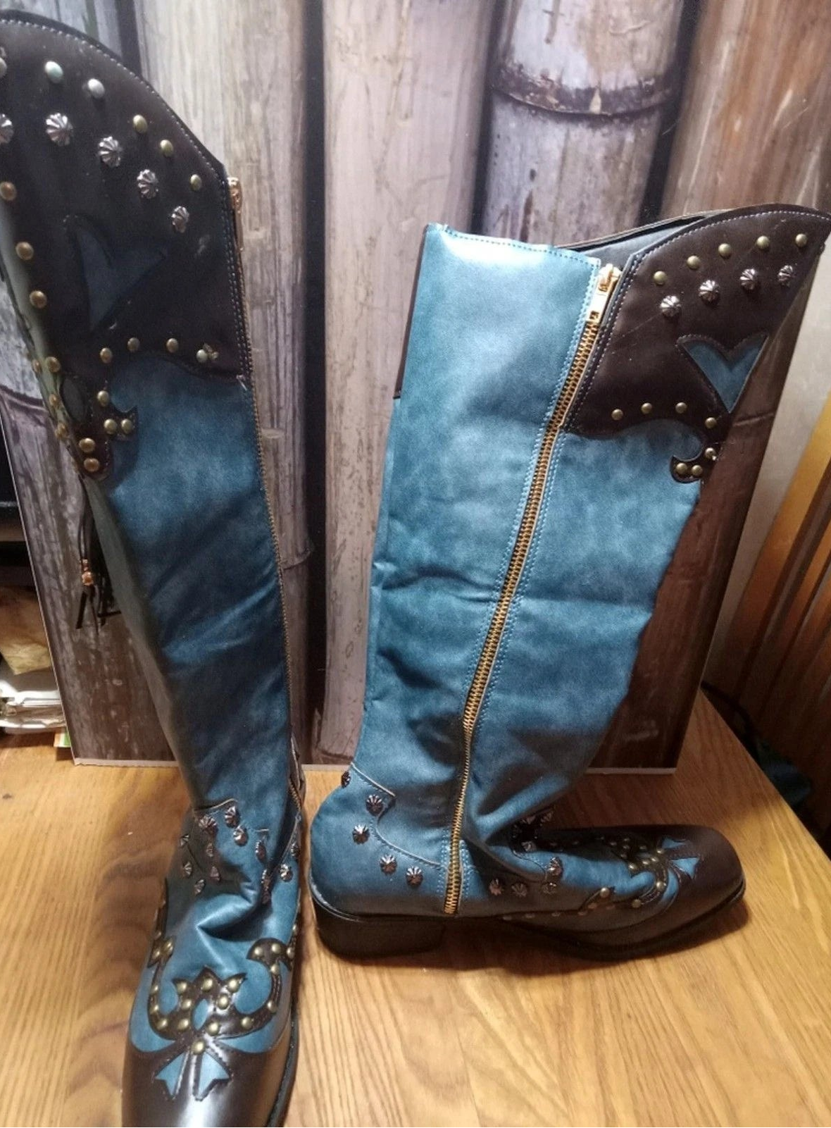 Washed Blue Western Knee High Boots Studded Tassel Mid Heel Size 41Women's US 10