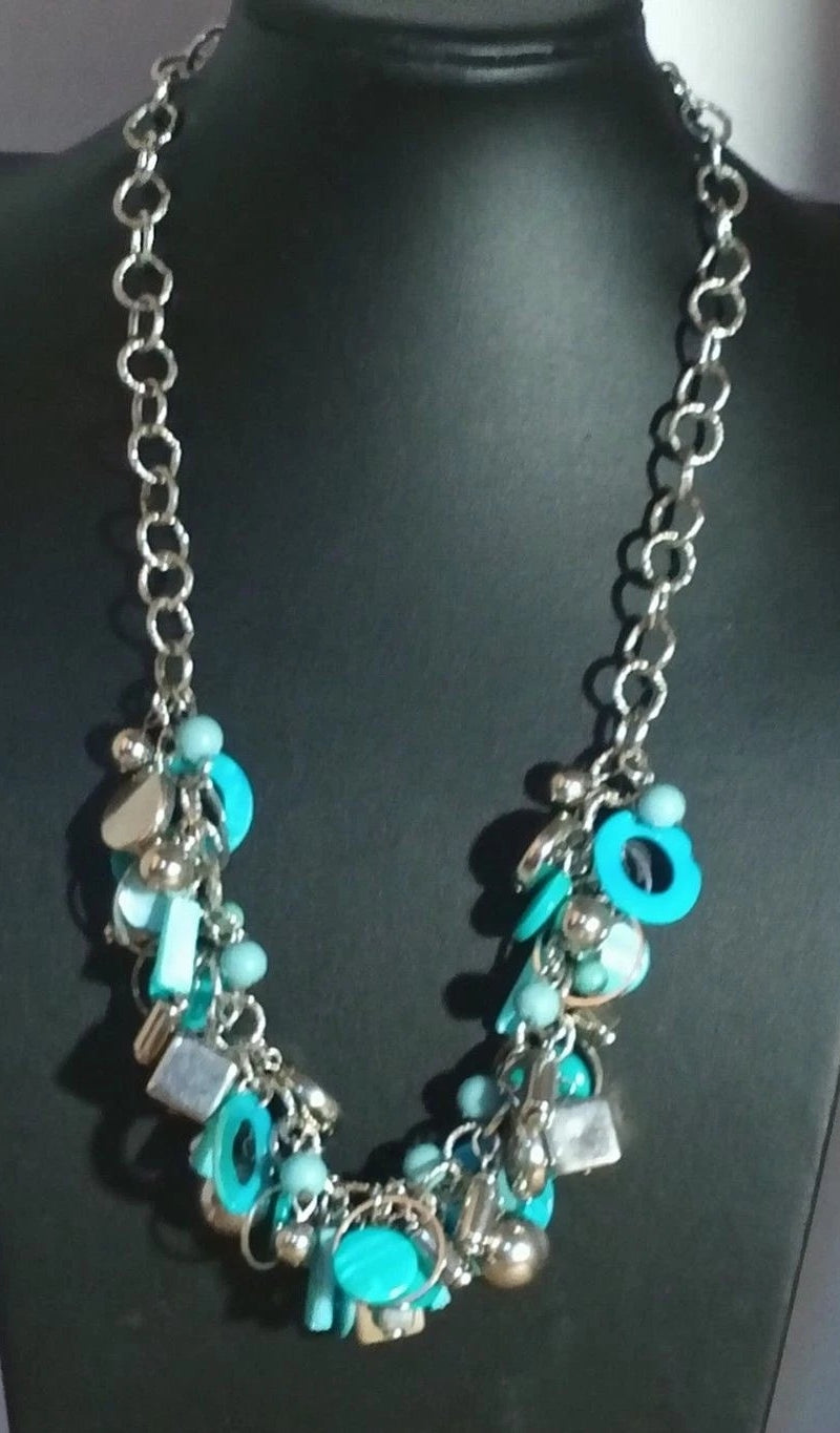 Vintage 1960s Mod Turquoise/teal beads Charm Cluster Necklace Silvertone Chain