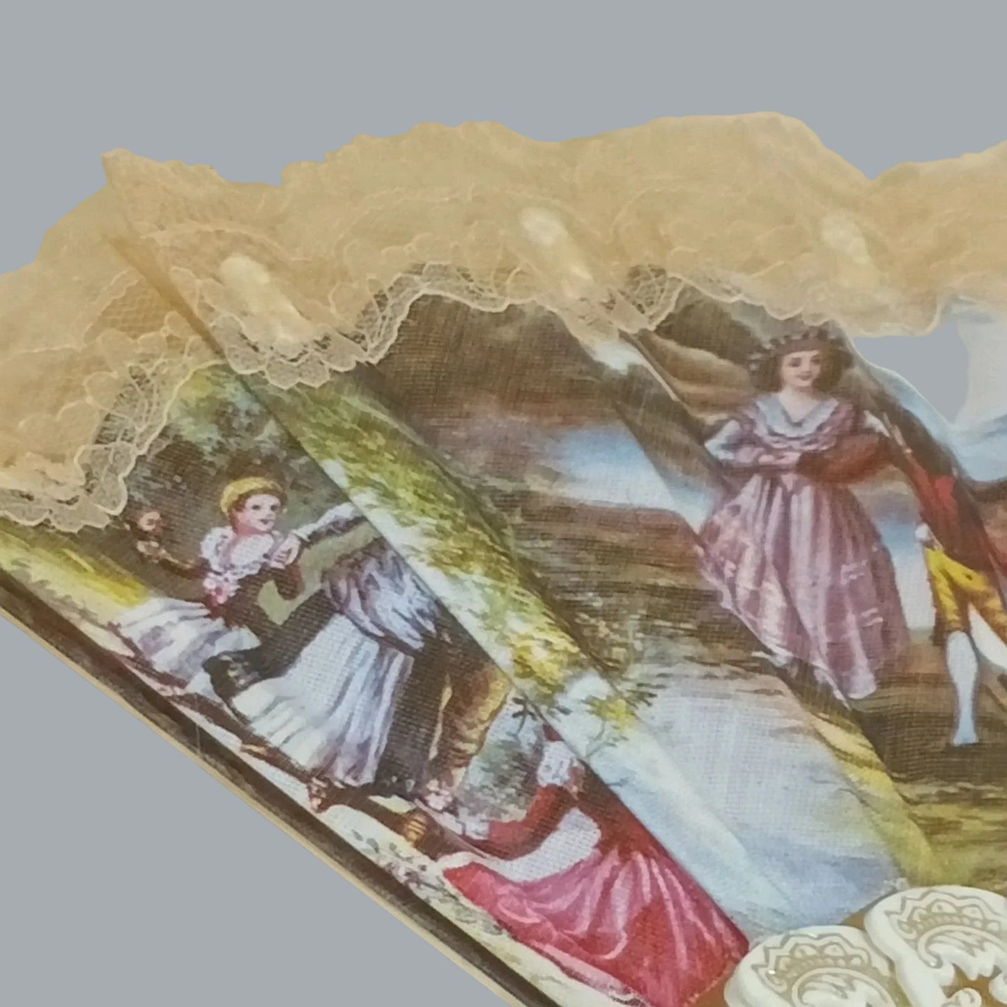 Vintage Style Lace Folding Hand Fan White & Gold Pastoral Scene 20"