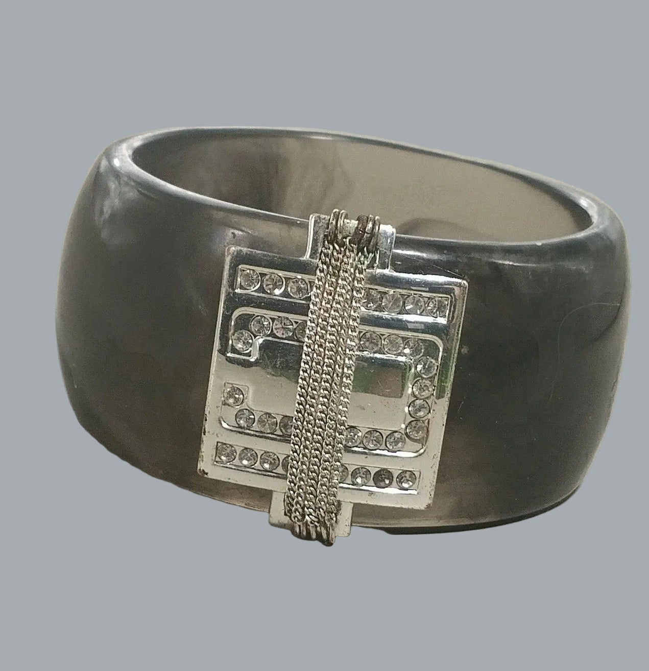 Chunky Gray Marble Lucite Bangle Bracelet Rhinestone Silver Tone Centerpiece