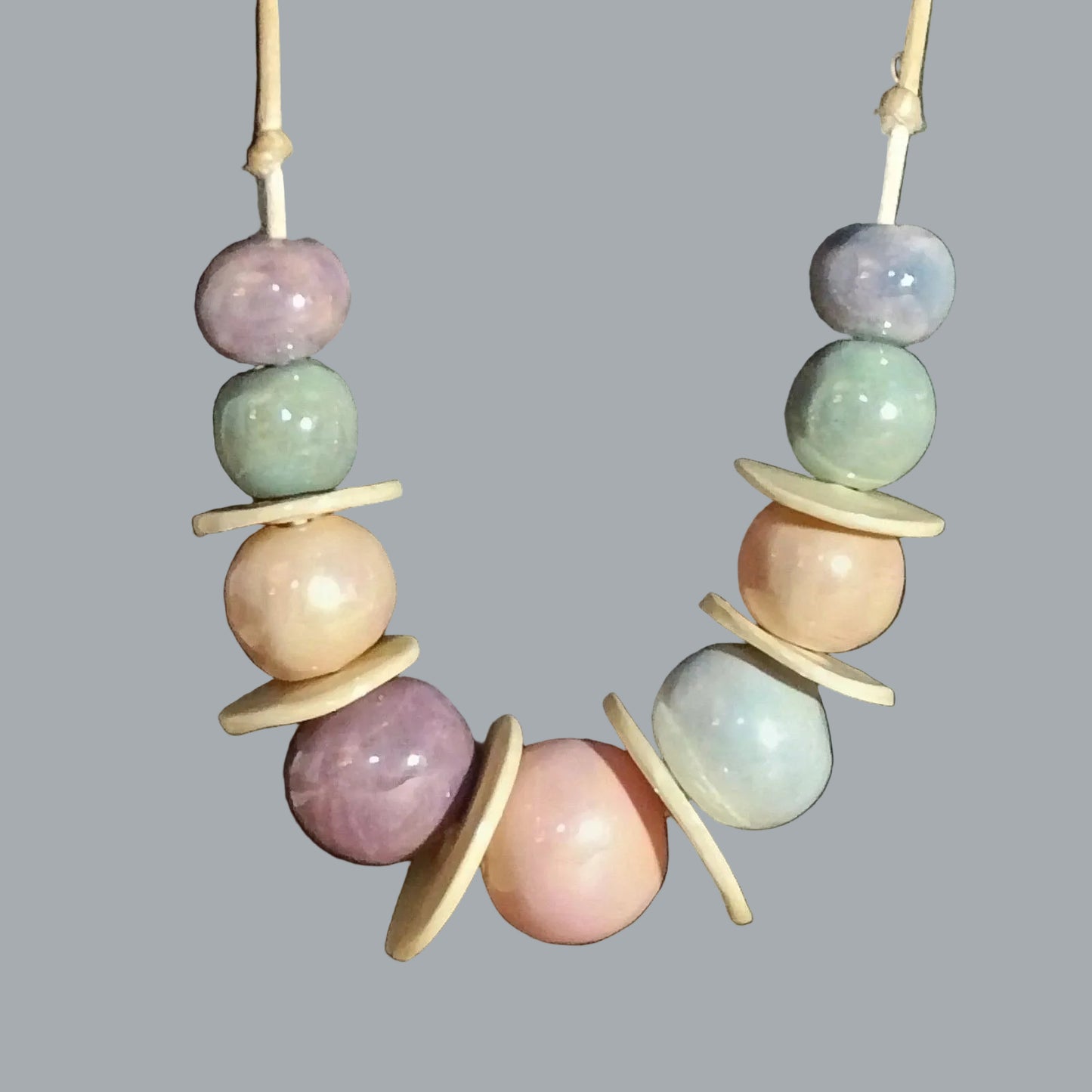 Pastel Glazed Ceramic Bead Necklace Adjustable 24” Tie Cord Statement 5oz