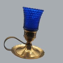 Load image into Gallery viewer, Pair of Vintage Brass Candlestick Holders &amp; Blue Hobnail Glass Hurricane Shades
