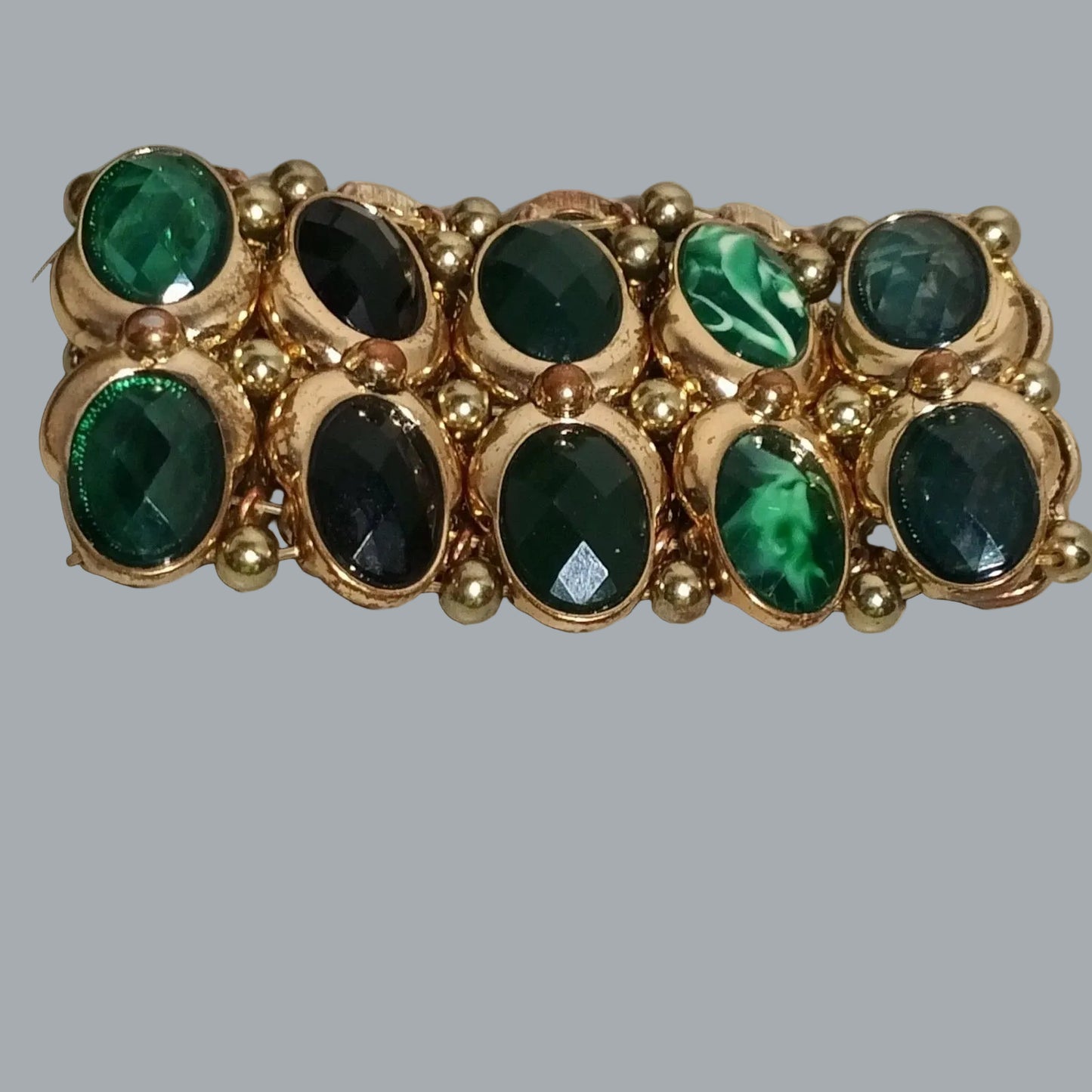 Gold Tone Green Oval Stone Stretch Bracelet 8" x 2" Chunky Statement