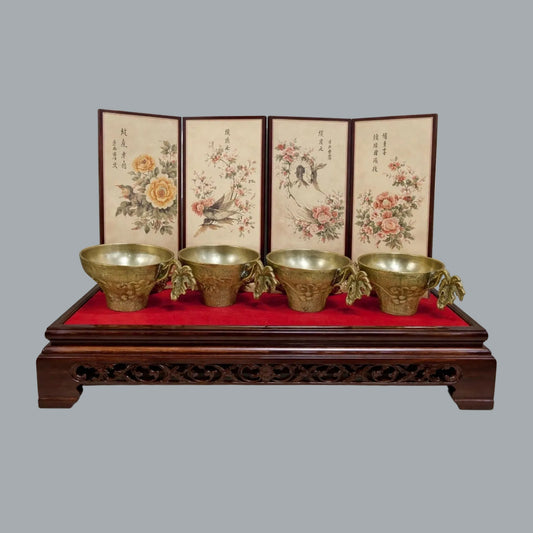 Set of 4 Vintage Brass Grapevine Cups w/ Ornate Handles Unmarked