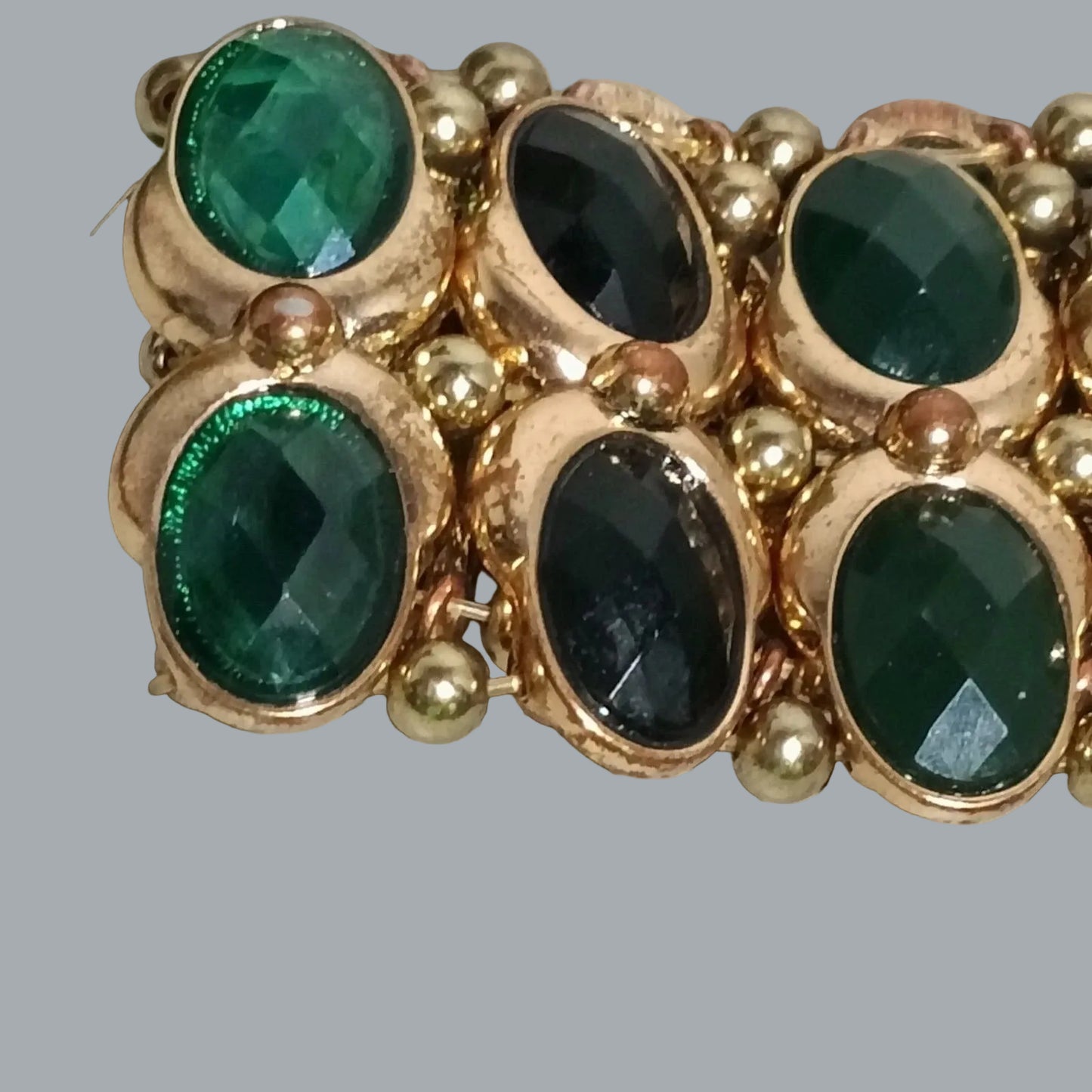 Gold Tone Green Oval Stone Stretch Bracelet 8" x 2" Chunky Statement