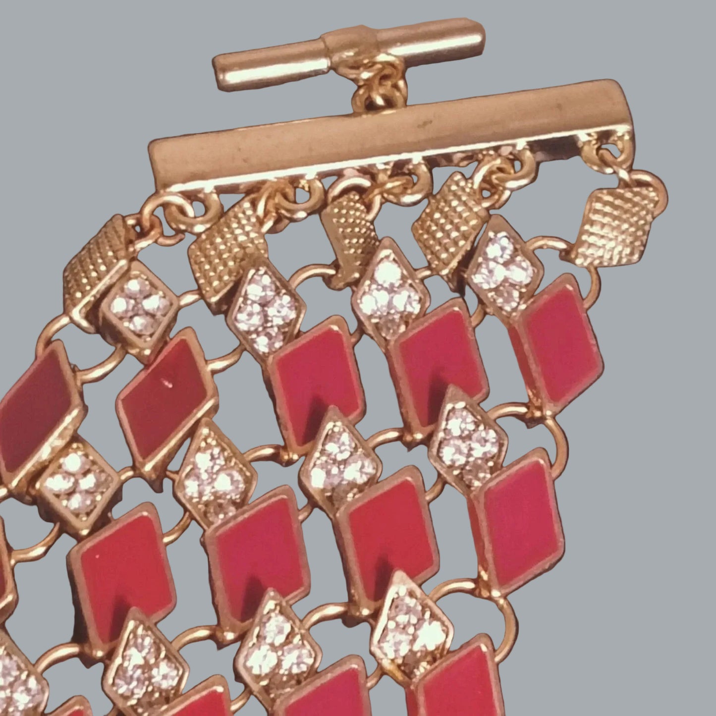 Red Enamel & Rhinestone Gold Tone Art Deco Link Bracelet Wrap Style