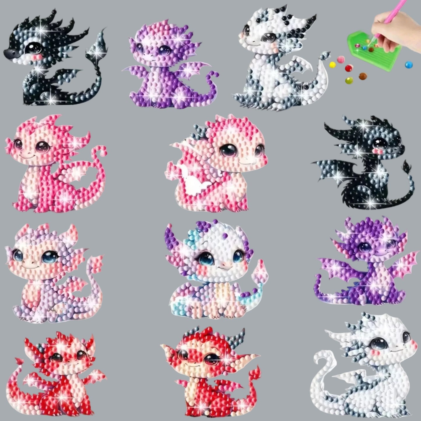 12pc 5D Diamond Painting Dragon Stickers Kit Round Beads DIY Craft