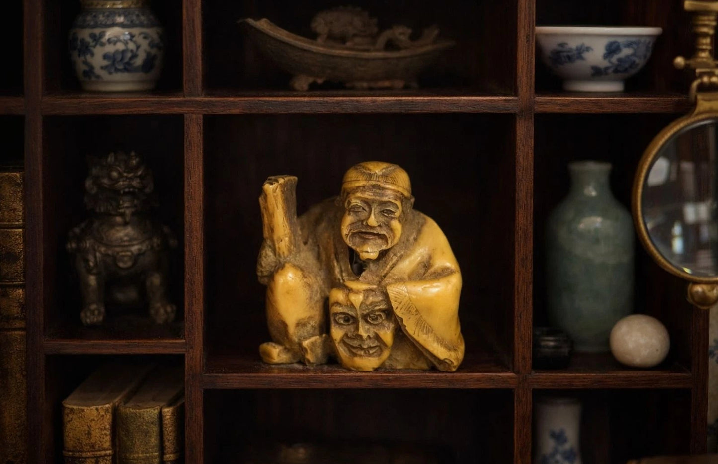 Vintage Asian Netsuke Style Double Face Elder Miniature 1.5"