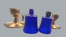 Load image into Gallery viewer, Pair of Vintage Brass Candlestick Holders &amp; Blue Hobnail Glass Hurricane Shades
