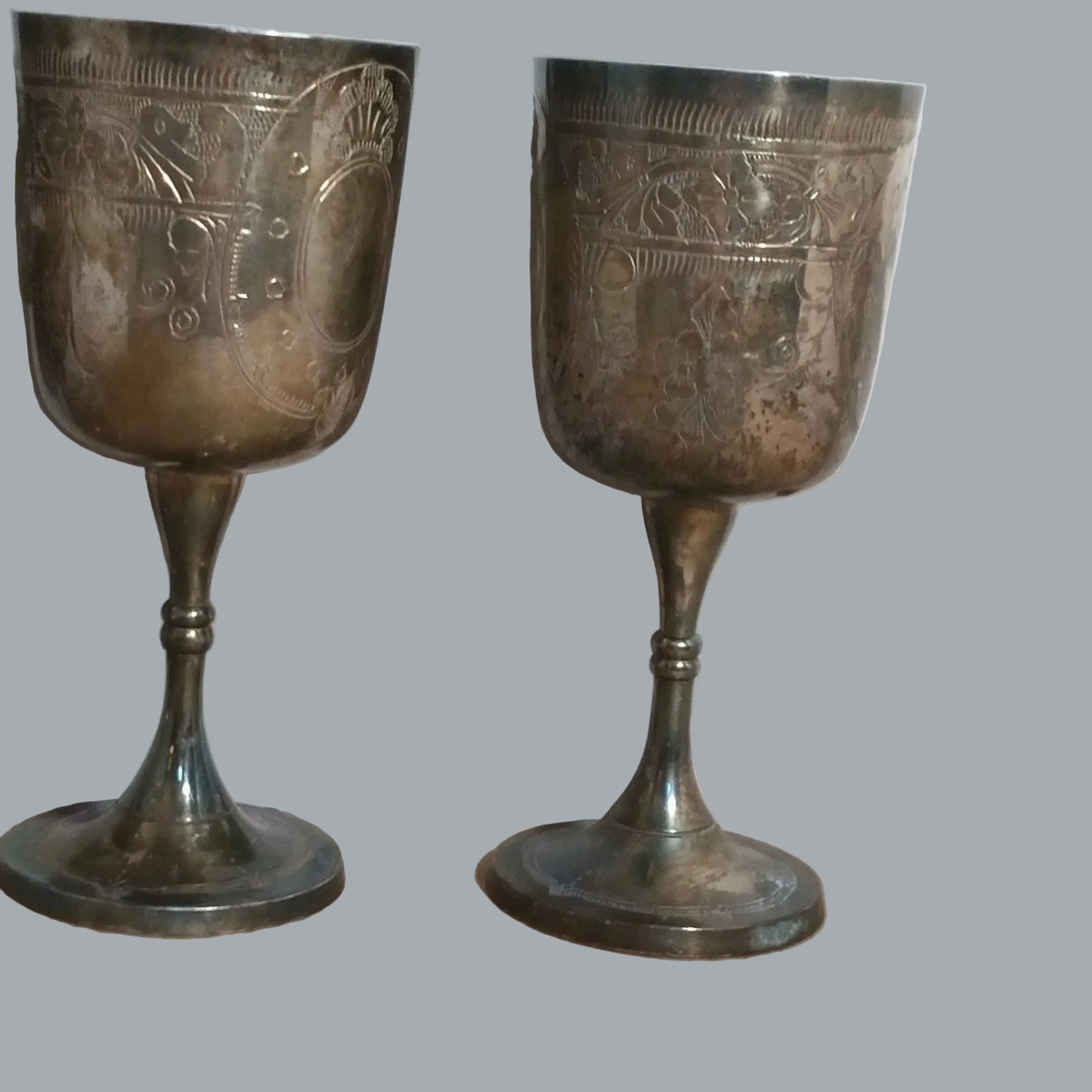 Vintage Silver Plated Engraved Goblets Set of 3 6.5" Tarnished