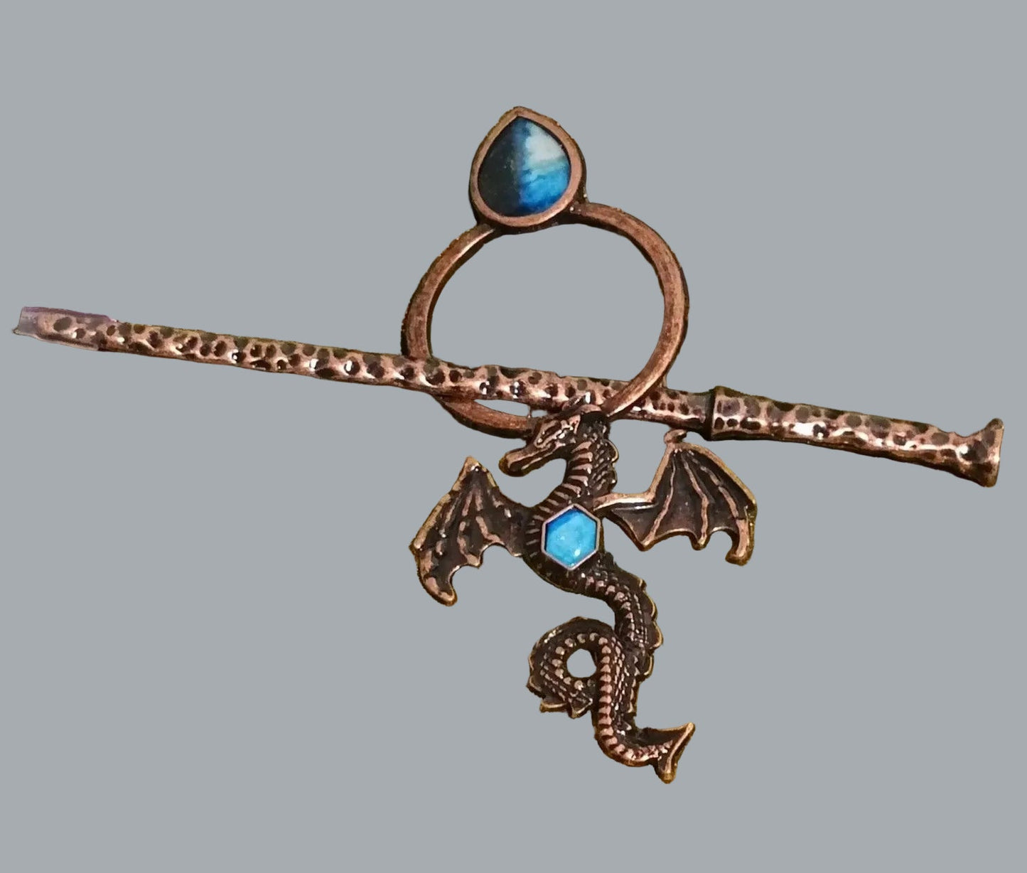Copper Tone Dragon Hair Stick Pin Blue Stone Accent 5” Cosplay Accessory