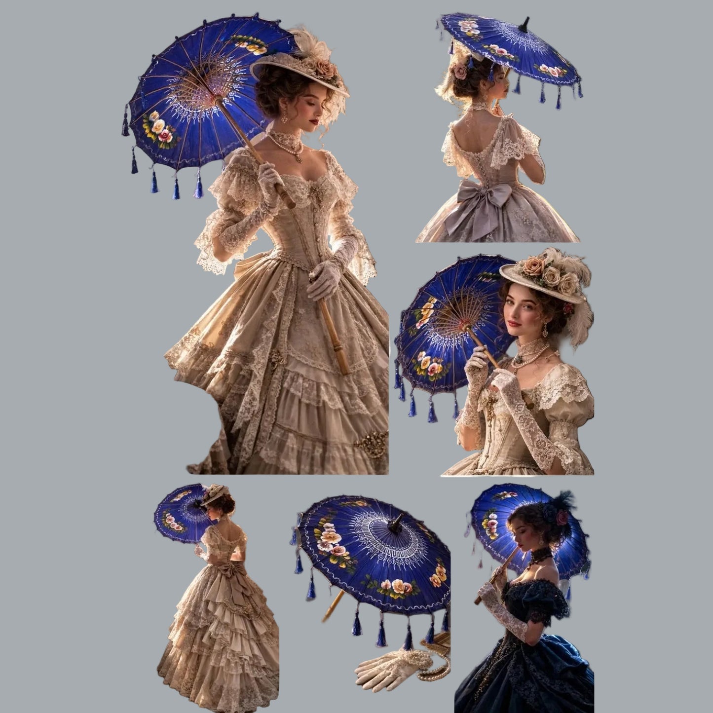 Vintage Blue Hand Painted Asian Parasol Wood Handle 25" Umbrella