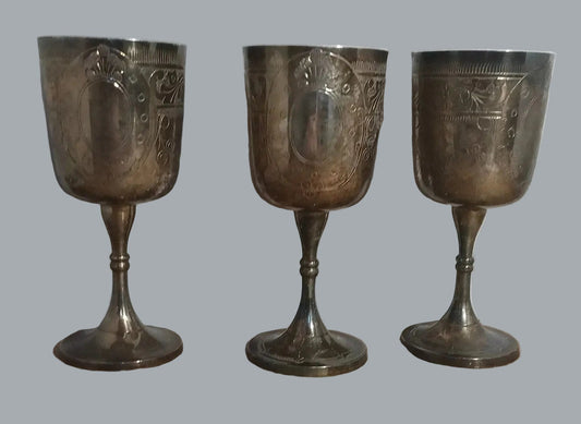 Vintage Silver Plated Engraved Goblets Set of 3 6.5" Tarnished