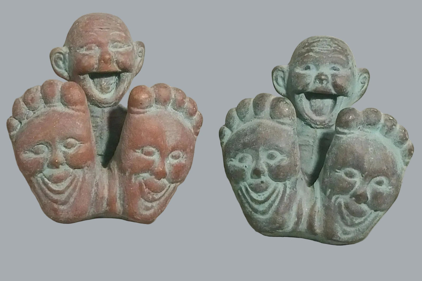 Vintage Whimsical Three-Face Feet Figurines Folk Art Patina Pair
