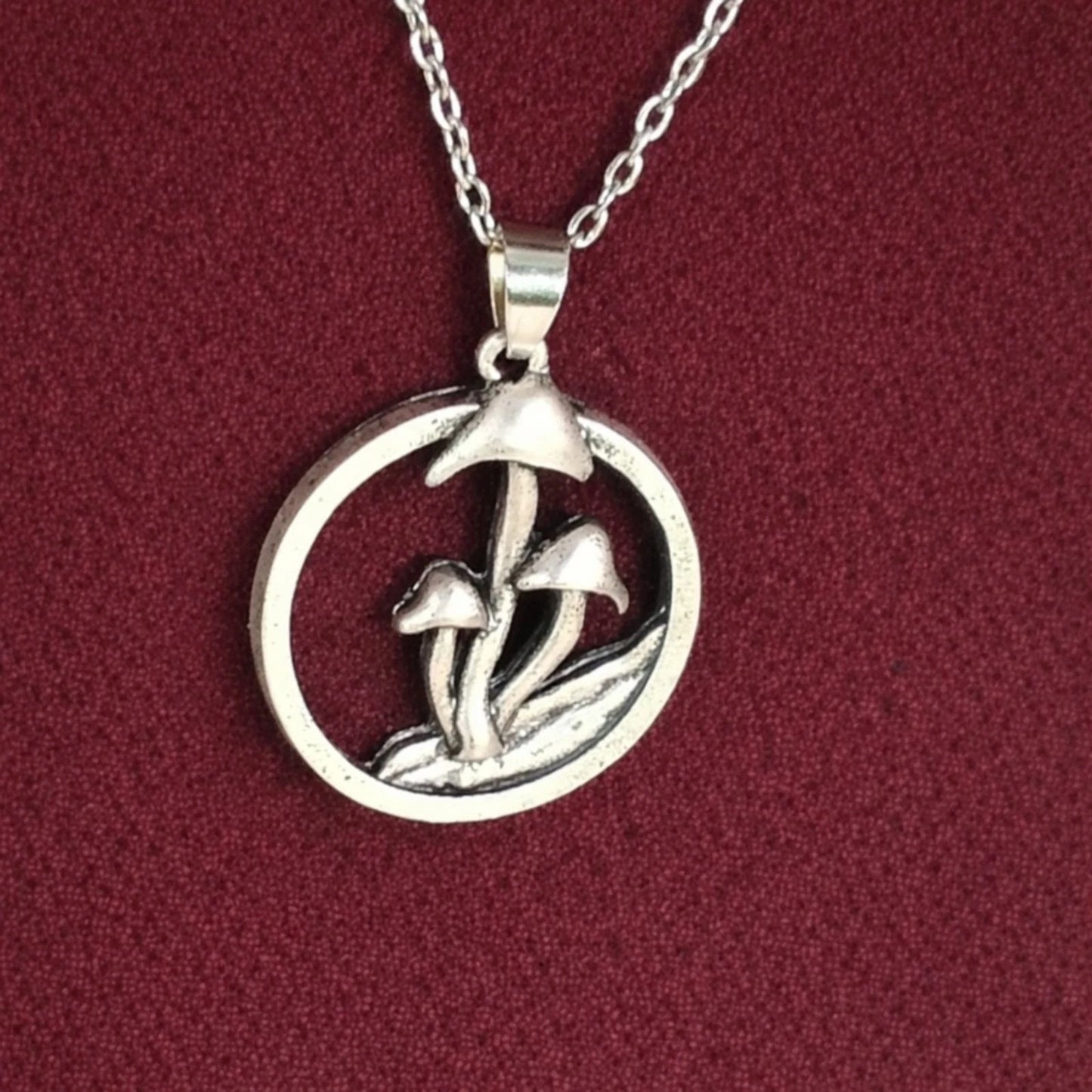 Silver Tone Mushroom Circle Pendant Necklace 19" Chain Nature Woodland