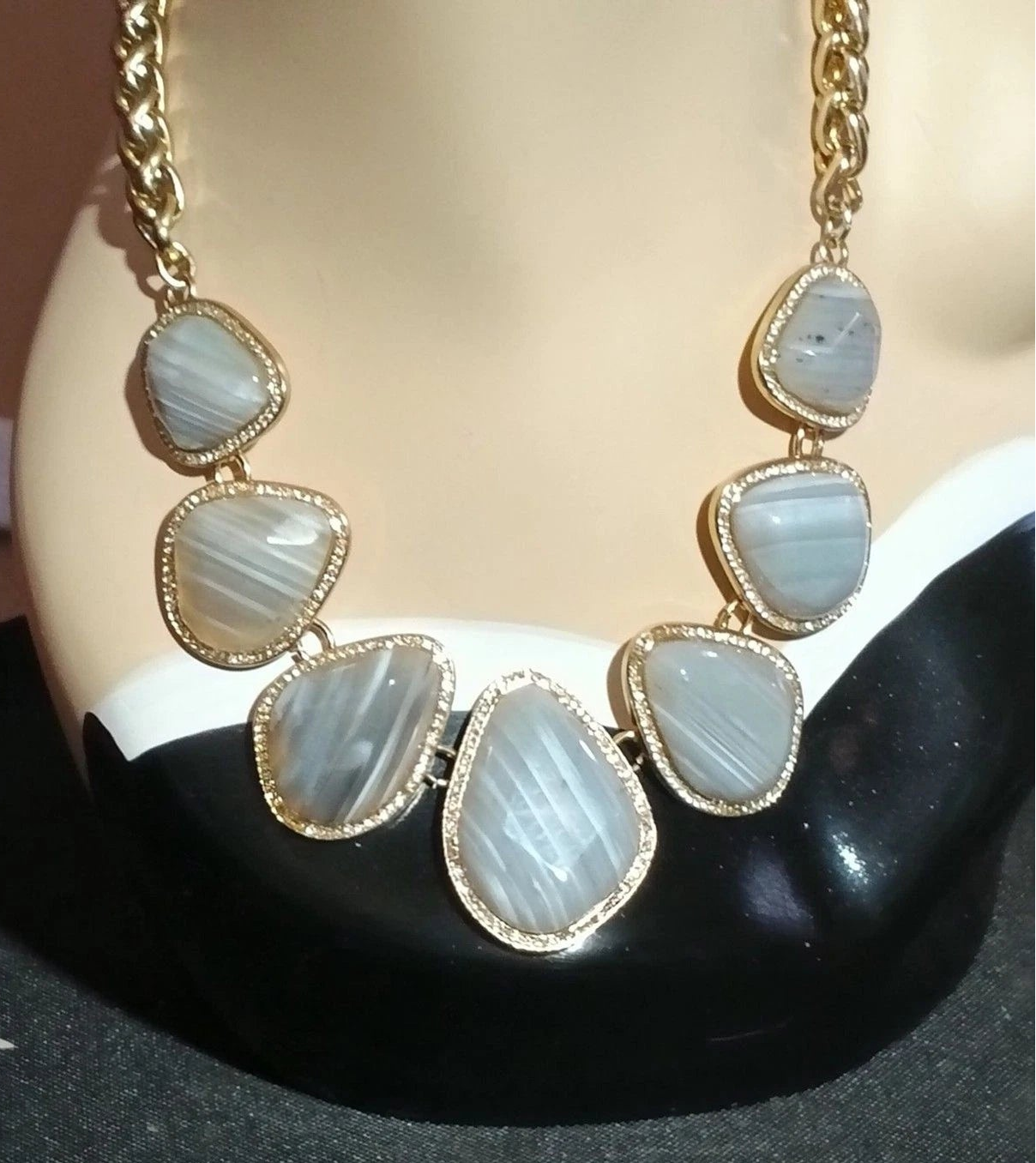 Banana Republic Gray Agate Statement Bib Necklace Gold Tone