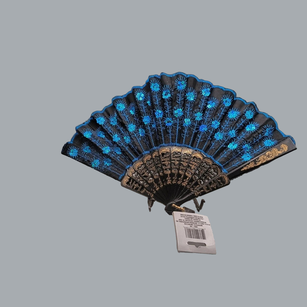 Exquisite Chinese Peacock Sequin Folding Hand Fan Black, Blue & Golden NWT