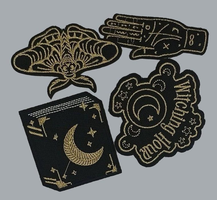 4pc Gothic Witchy Iron-On Patch Set – Witching Hour, Moth, Moon, Hand