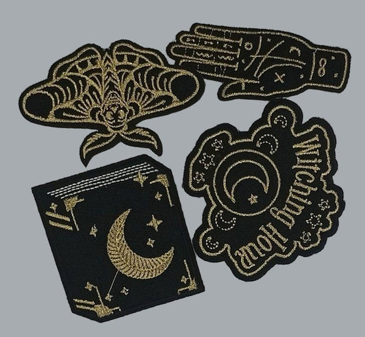 4pc Gothic Witchy Iron-On Patch Set – Witching Hour, Moth, Moon, Hand