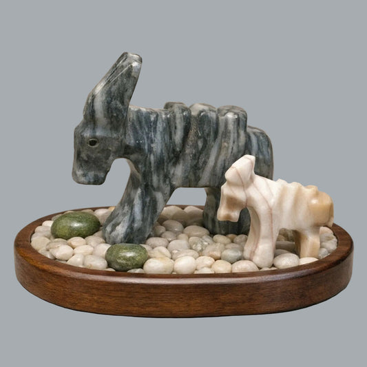 Vintage Hand Carved Stone Donkey Figurines Pair Gray & White