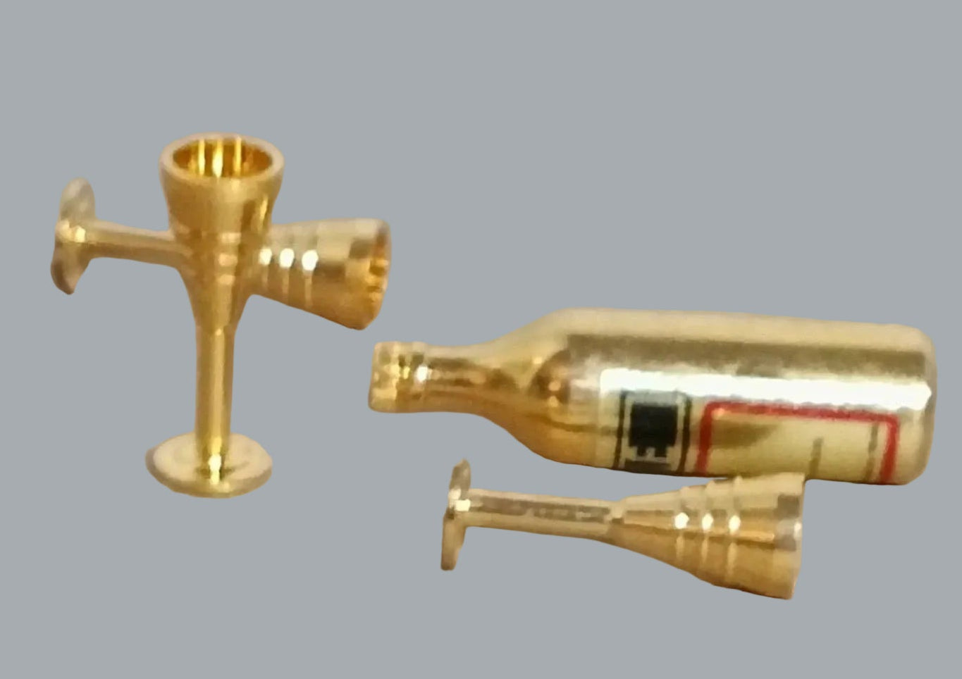 Dollhouse Mini Champagne Tray Set 1” Bottle + 3 Glasses Goldtone Metal