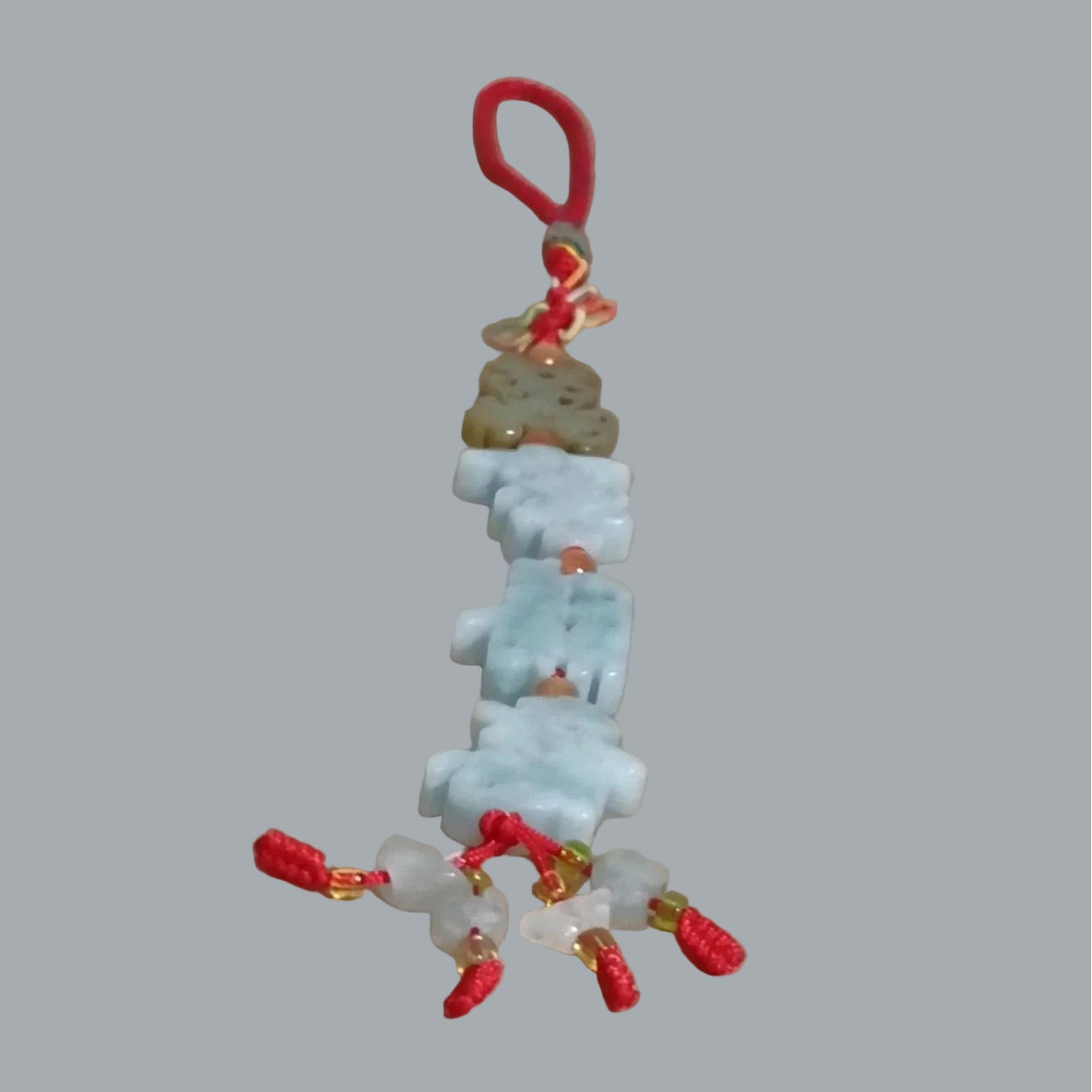 Carved 4 Stones Chinese Lucky Charm Red Cord Hanging Ornament Pendant 10" Long