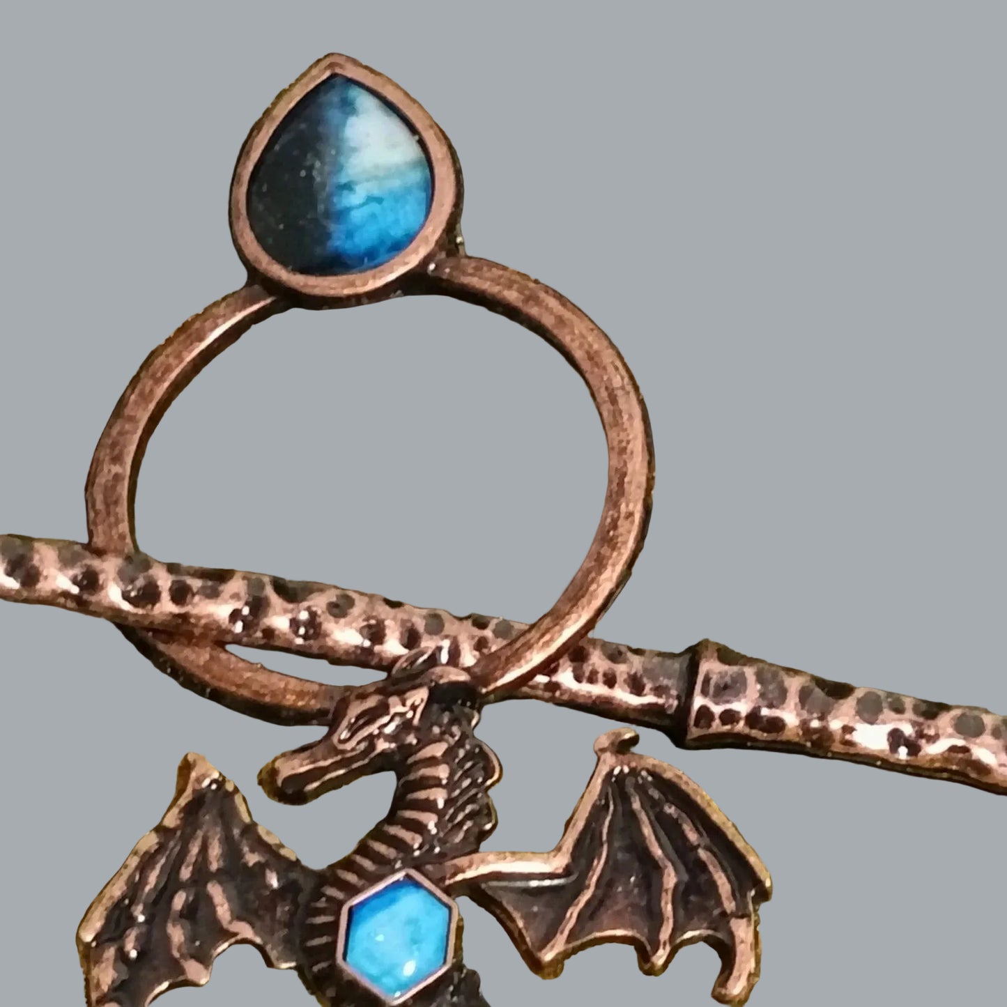 Copper Tone Dragon Hair Stick Pin Blue Stone Accent 5” Cosplay Accessory