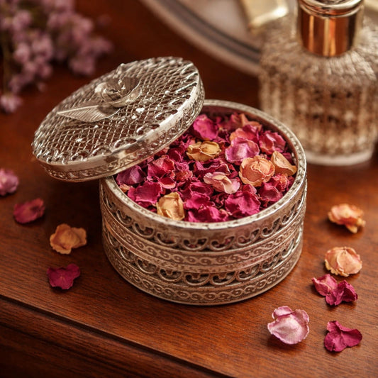 Vintage Silver Filigree Pomander Potpourri Box Rose Lid Incense 2.5"