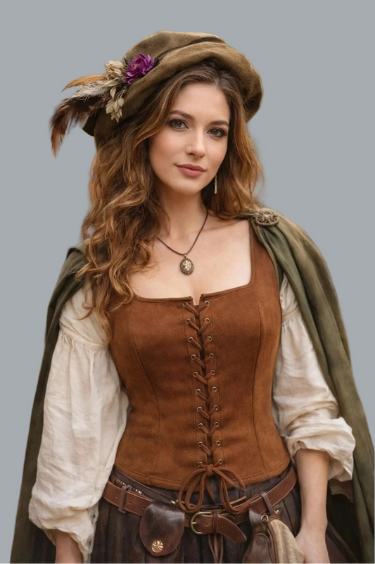 Brown Suede Look Lace Up Corset Top Square Neck Ren Faire Costume US 12