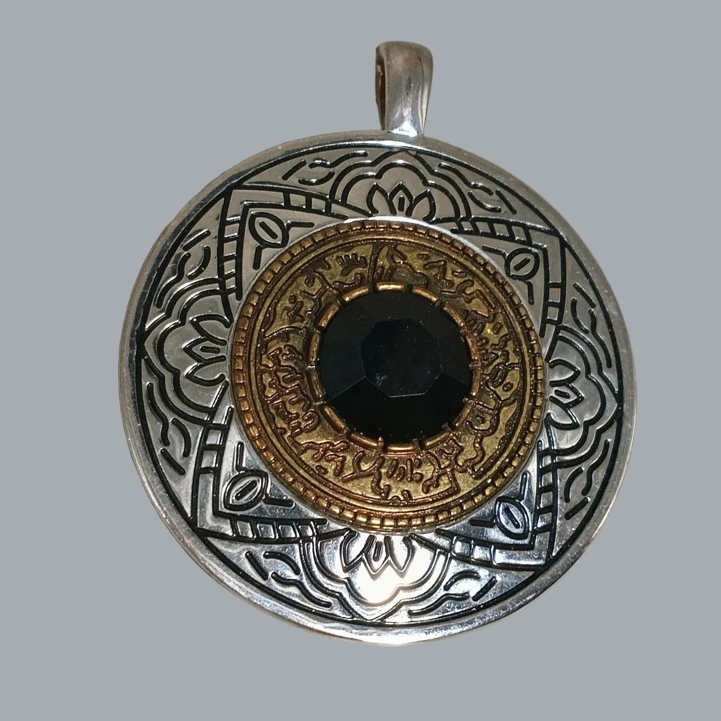 Mandala Medallion Pendant Black Glass Silver & Gold Tone w/ Magnetic Clasp 2.5"