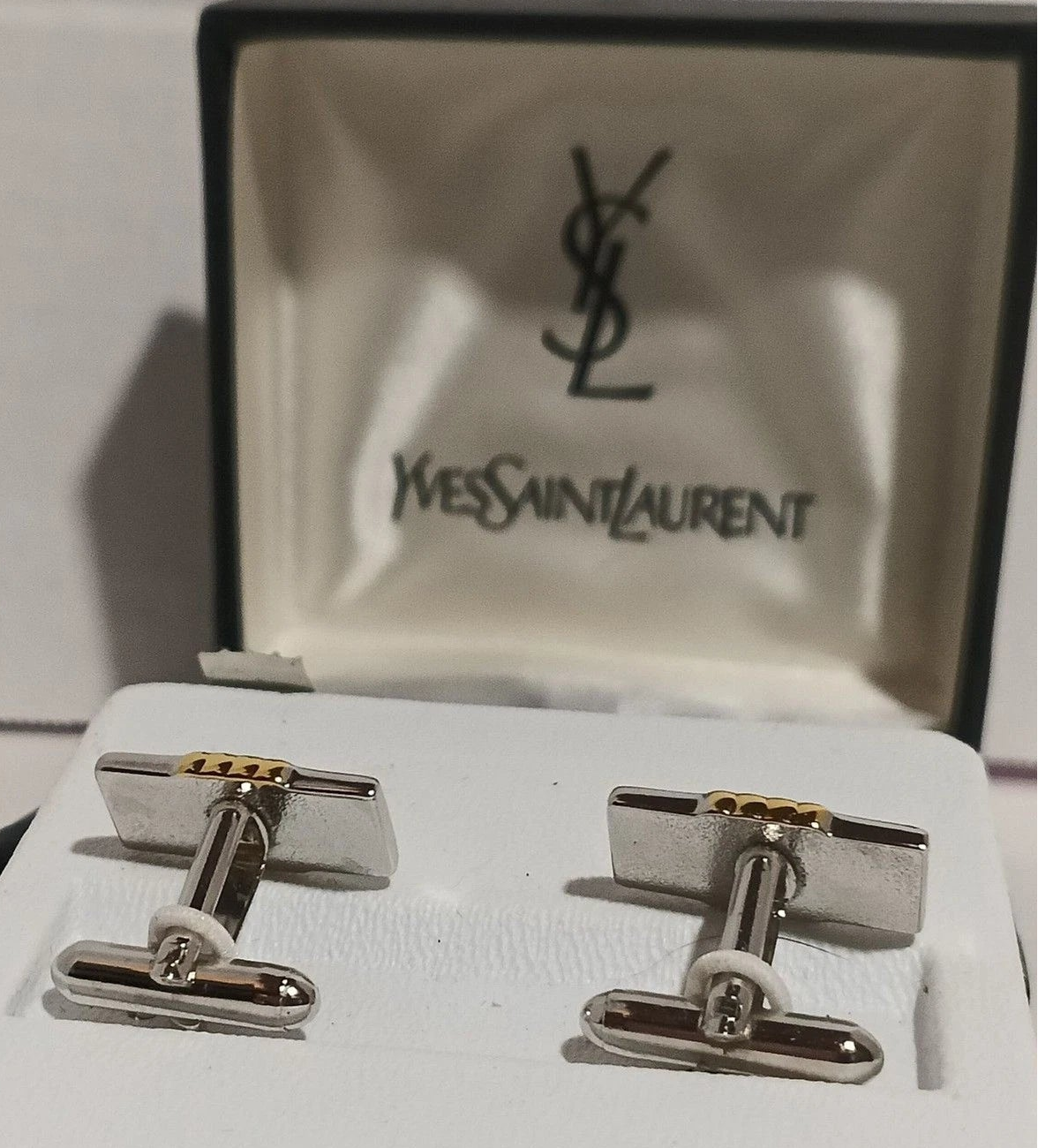Yves Saint Laurent YSL Two-Tone Bar Cufflinks in Original Logo Box Macy’s