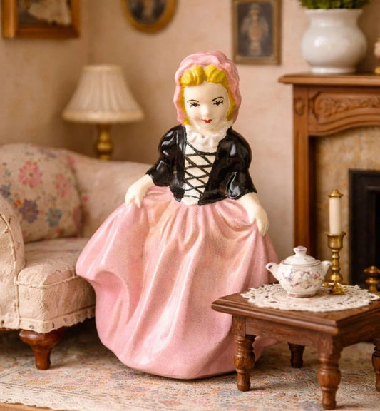 Vintage Colonial Lady Figurine Pink Dress Chalkware Dollhouse Cottage Decor
