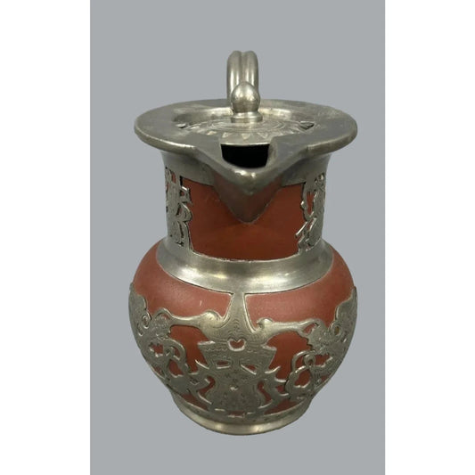 Vintage Shanghai China Pewter Overlay Dragon Red Clay Teapot 6"