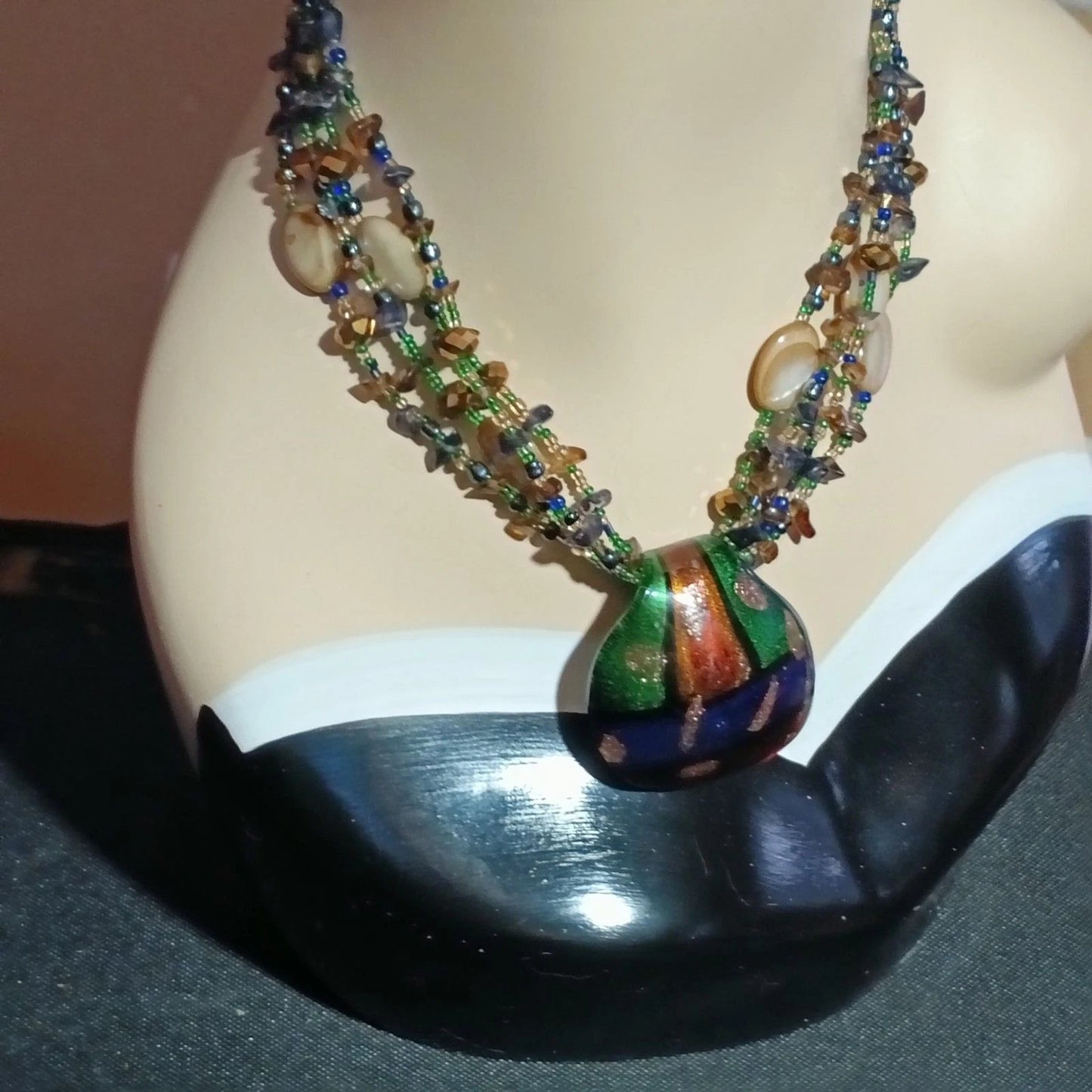 Boho Multistrand Beaded Art Glass Pendant Necklace Statement