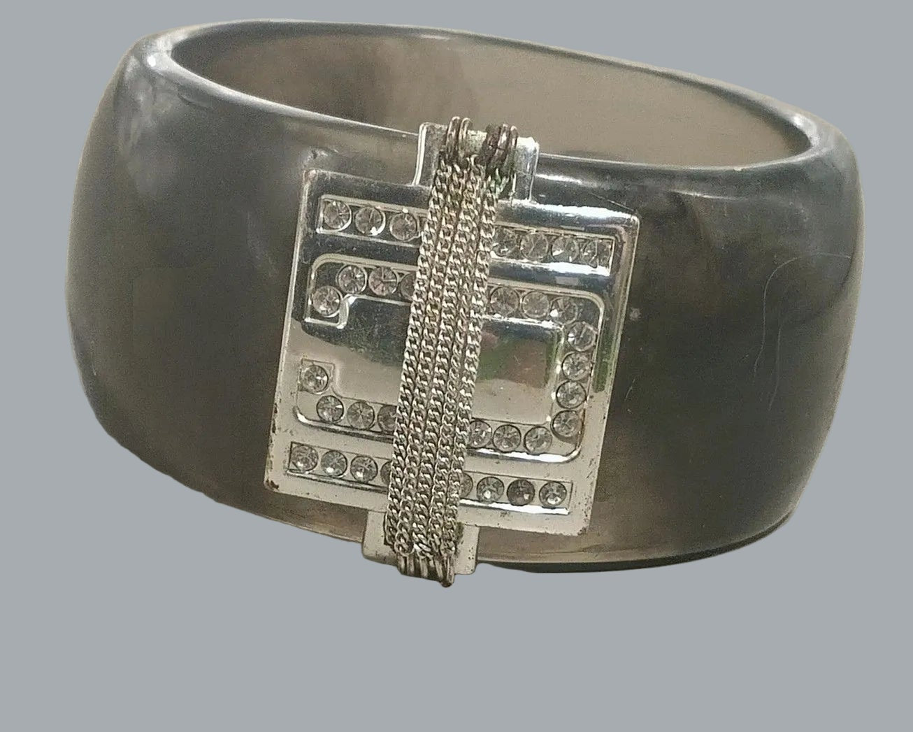 Chunky Gray Marble Lucite Bangle Bracelet Rhinestone Silver Tone Centerpiece