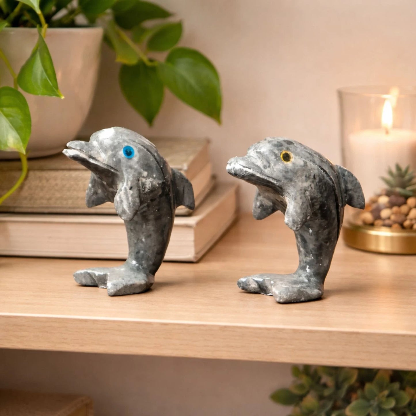 Vintage Peruvian Carved Stone Dolphin Figurines Pair 1.25" Mini