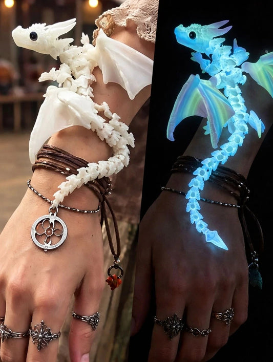 9" UV Glowing Dragon Statue Poseable Wings Fantasy Night Light Decor