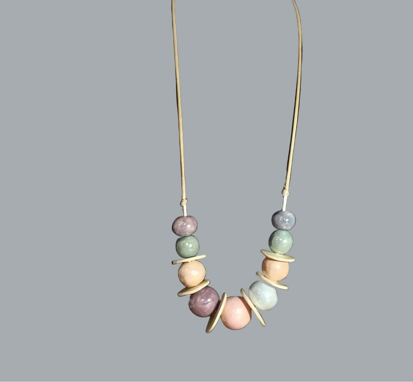 Pastel Glazed Ceramic Bead Necklace Adjustable 24” Tie Cord Statement 5oz