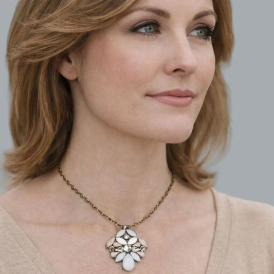 The Limited Gold Tone Floral Pendant Necklace White Blush Pink Rhinestones