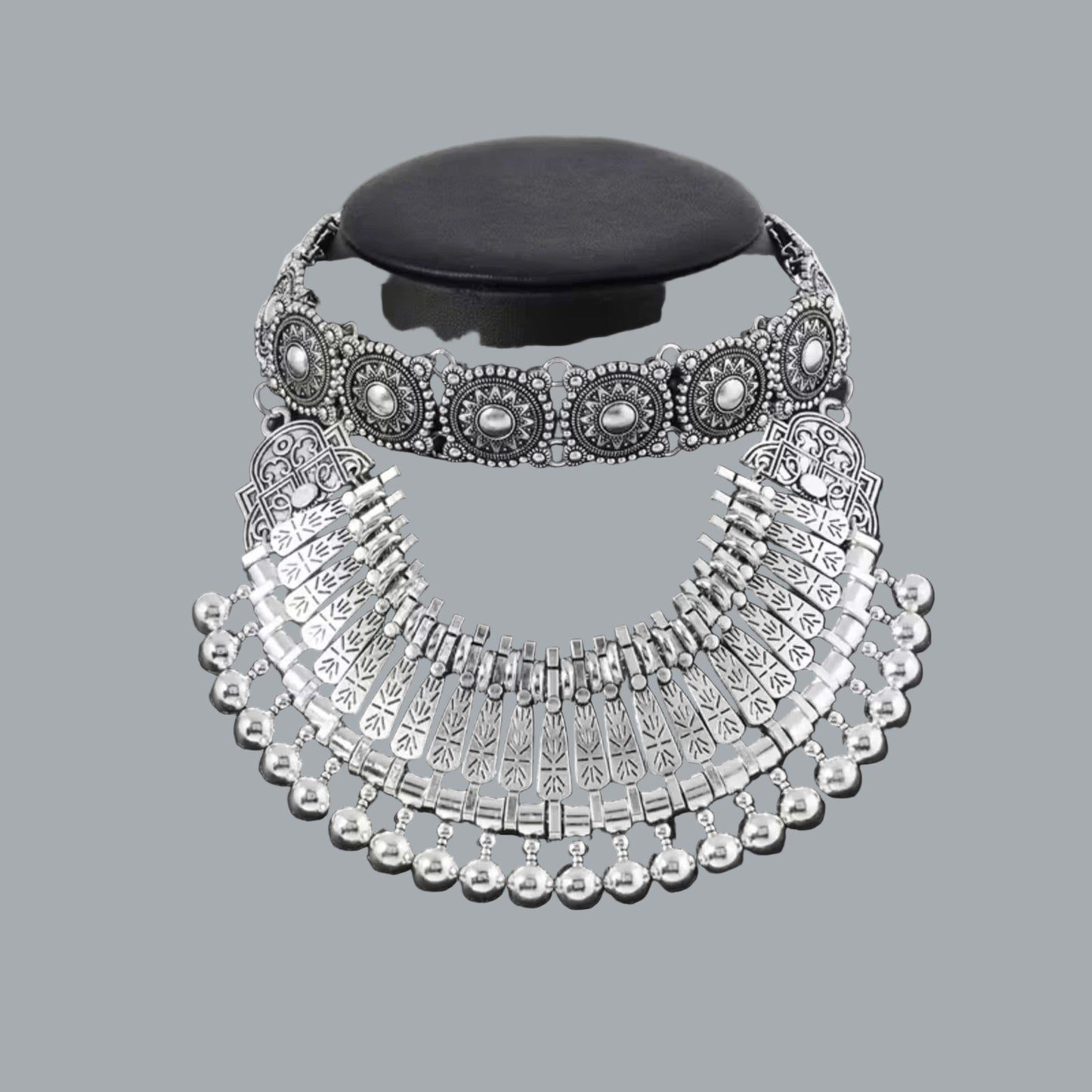 Retro Double Silver-Tone Necklace – Ethnic Statement Ren Faire Collar