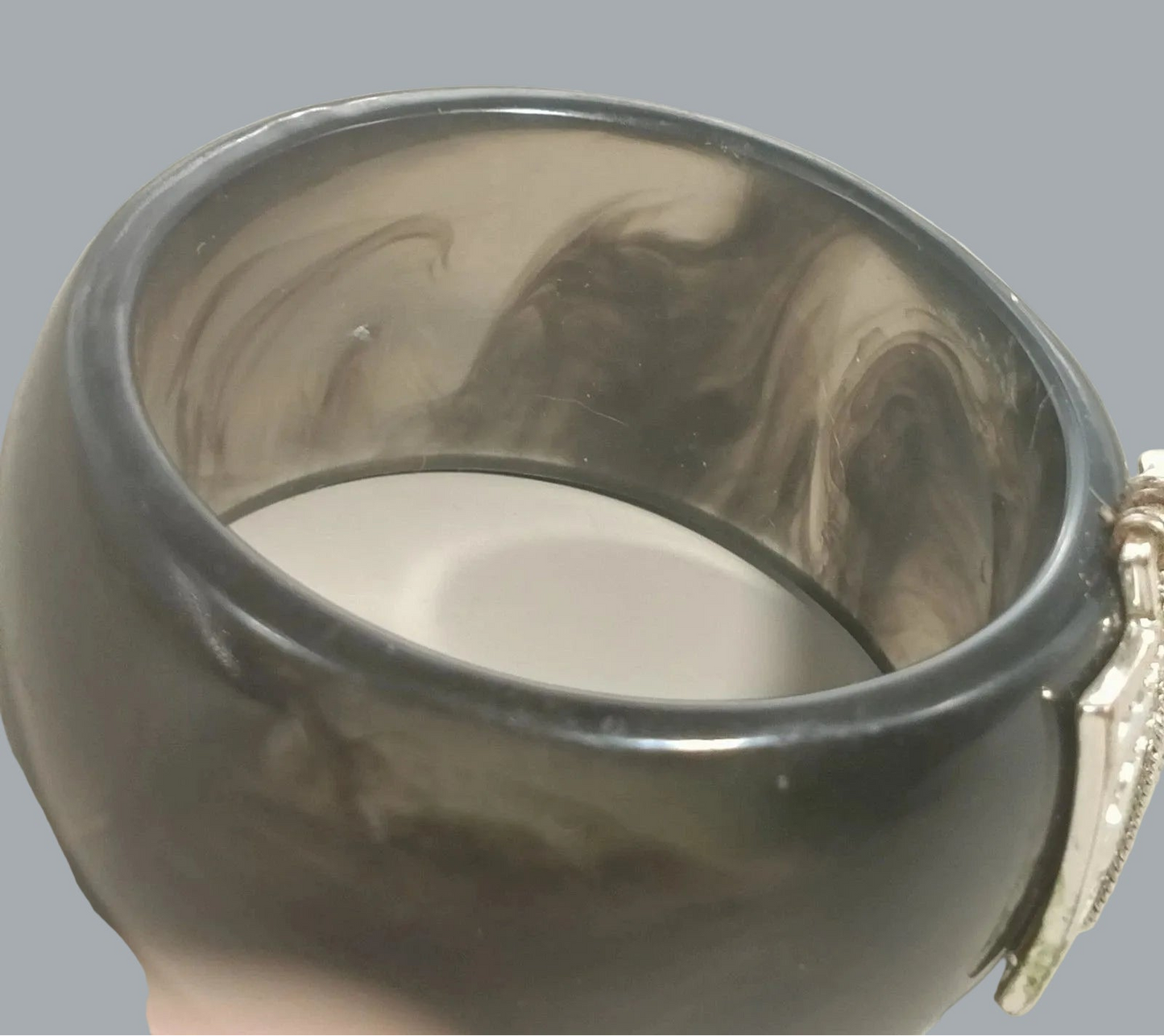 Chunky Gray Marble Lucite Bangle Bracelet Rhinestone Silver Tone Centerpiece
