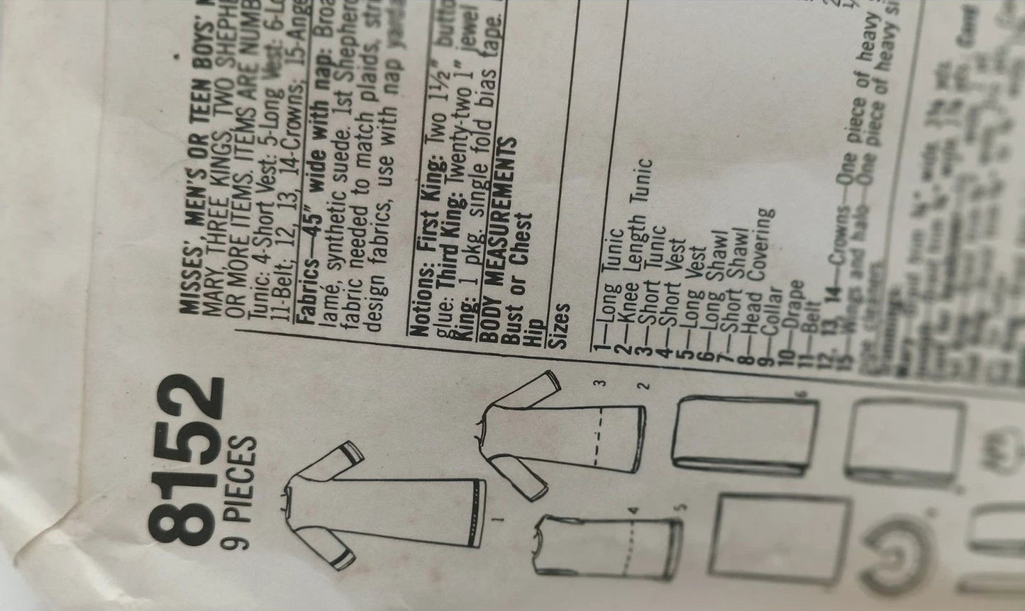 Vintage Simplicity 8152 Nativity Costumes Sewing Pattern partially cut