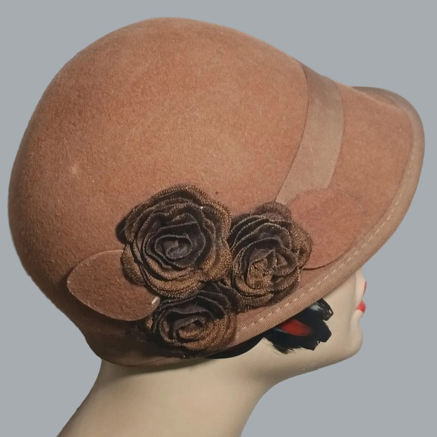 Nine West Brown Wool Felt Cloche Hat w/ Rosette Trim One Size