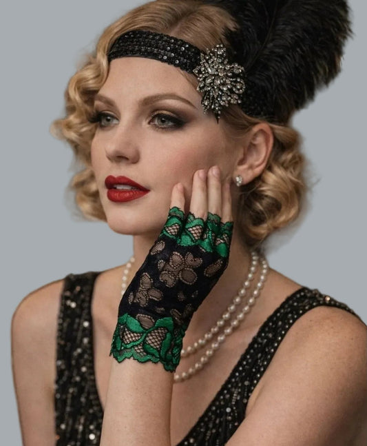 Green & Black Lace Half Finger Gloves | Breathable Elegant Pair