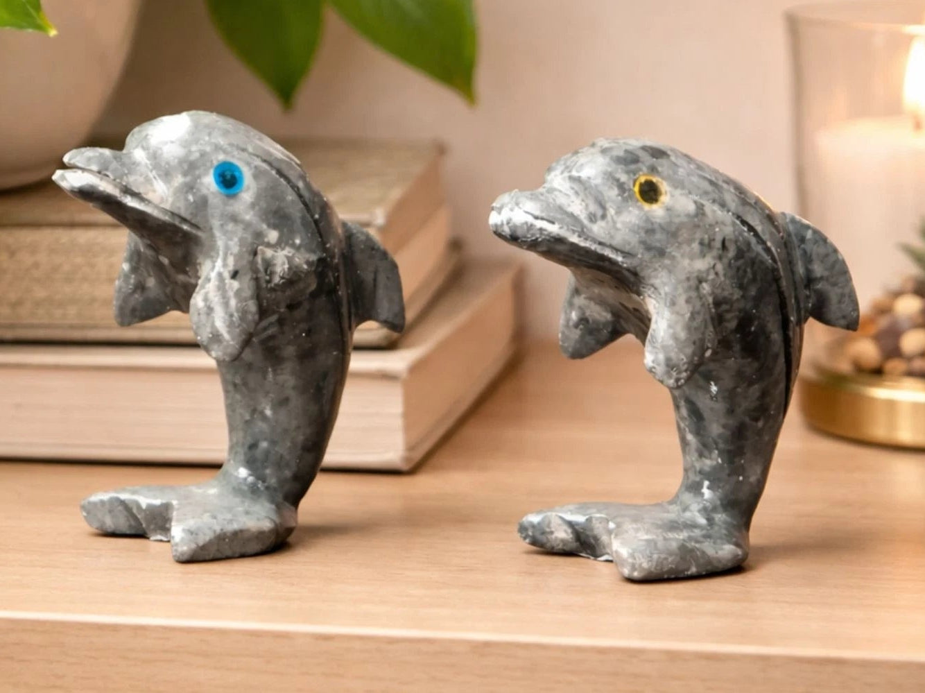 Vintage Peruvian Carved Stone Dolphin Figurines Pair 1.25" Mini