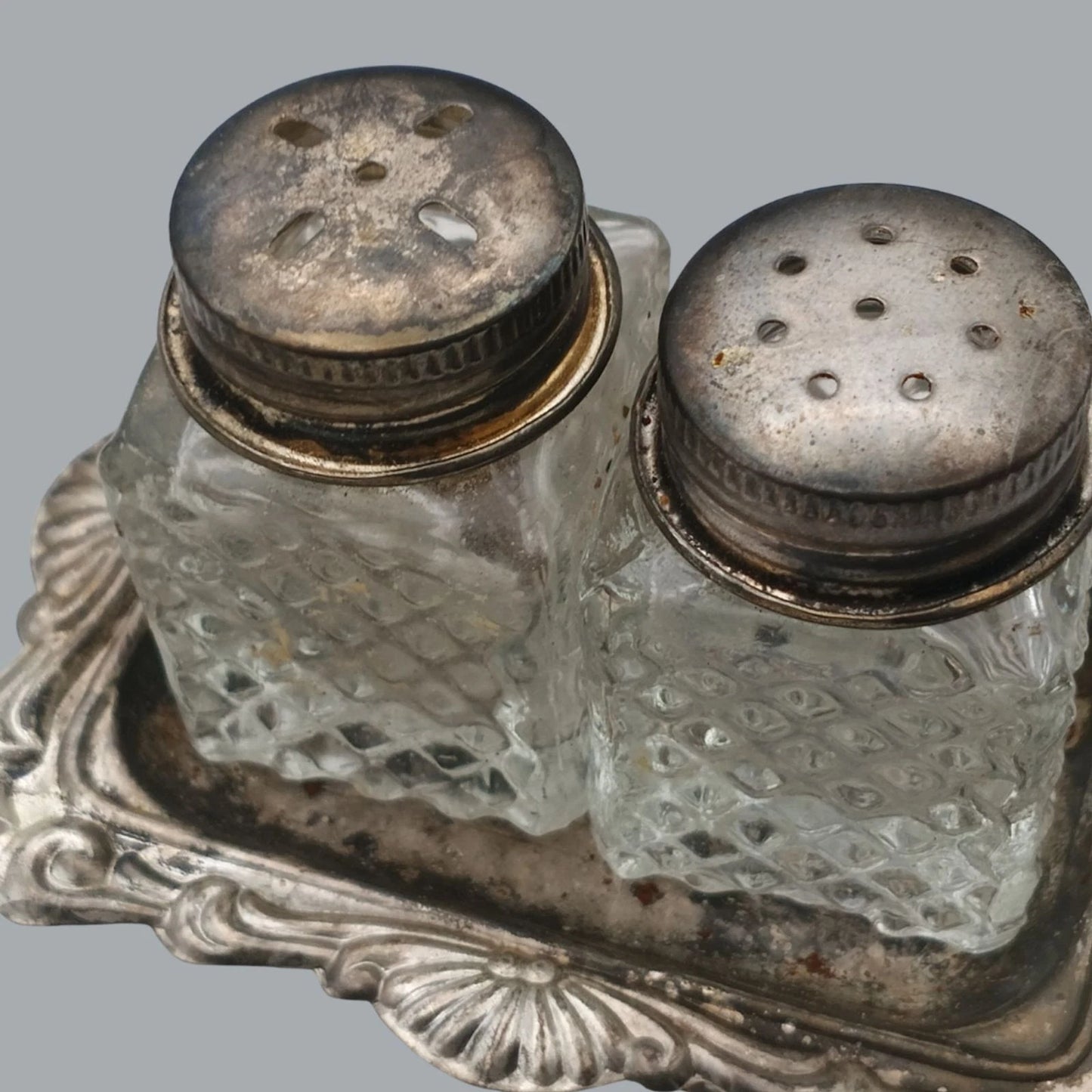 Vintage Glass Salt & Pepper Shakers with Silver-Plated Lids – Hong Kong